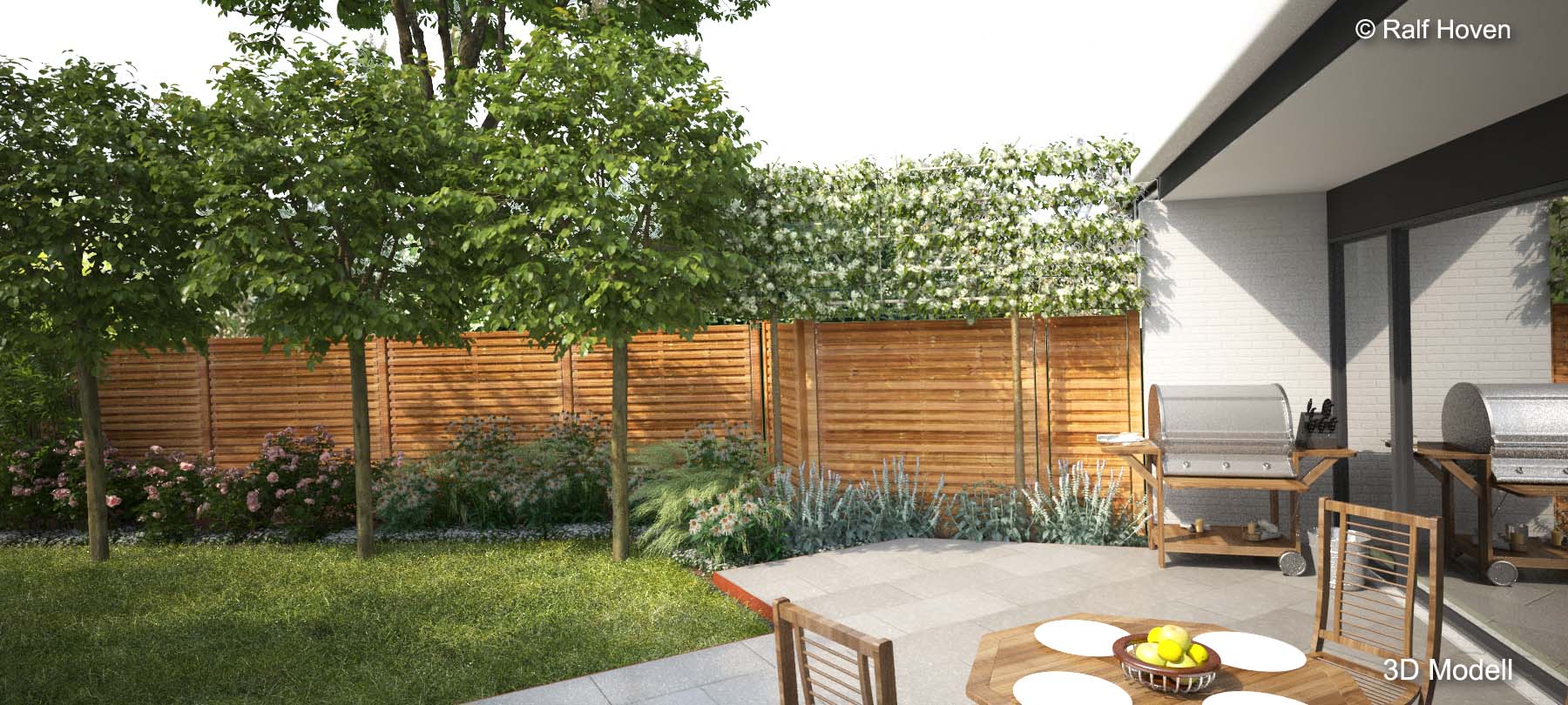 Gartenplanung 3D, K&ouml;ln Junkersdorf, Terrasse, Holzzaun, Spalier, modern