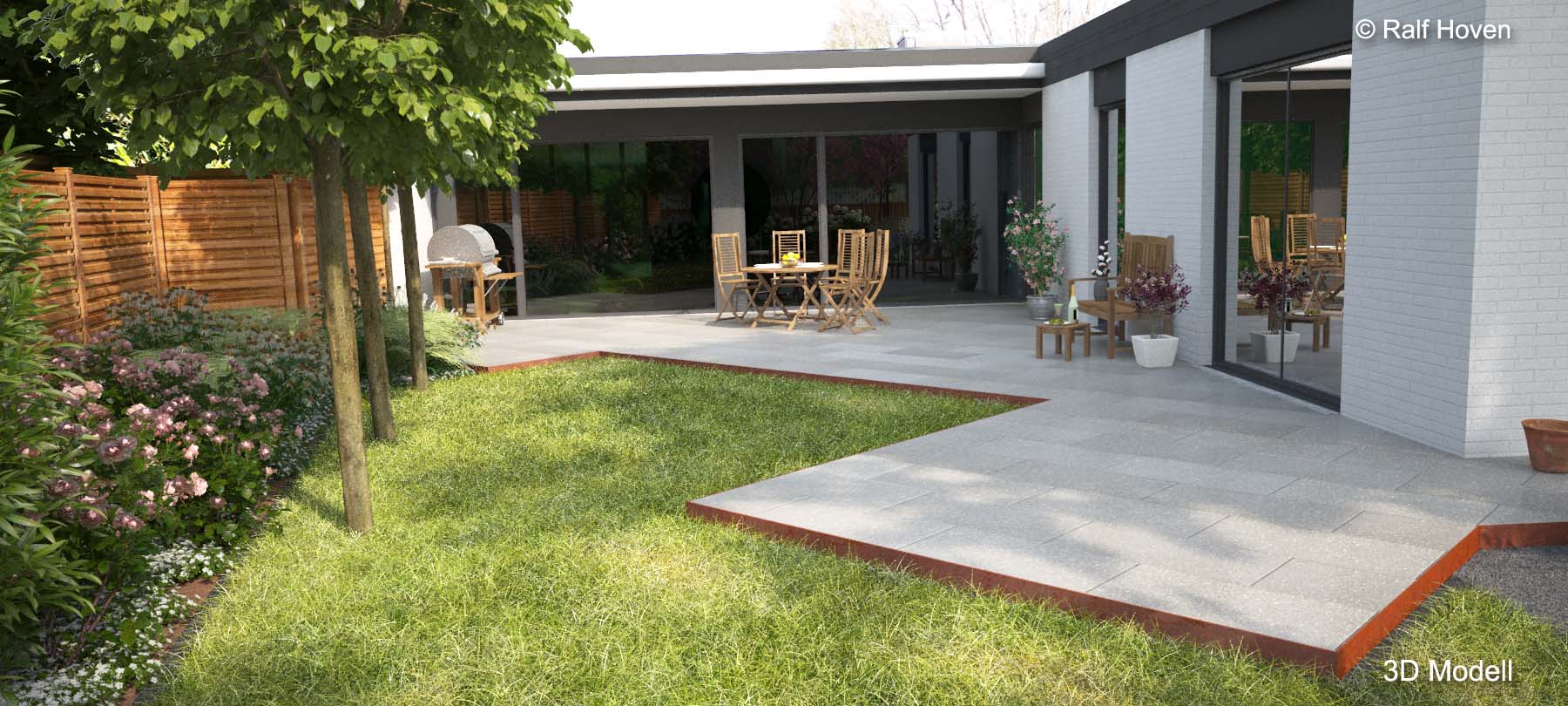 Gartenplanung 3D, K&ouml;ln Junkersdorf, Terrasse, Holzzaun, Spalier, modern