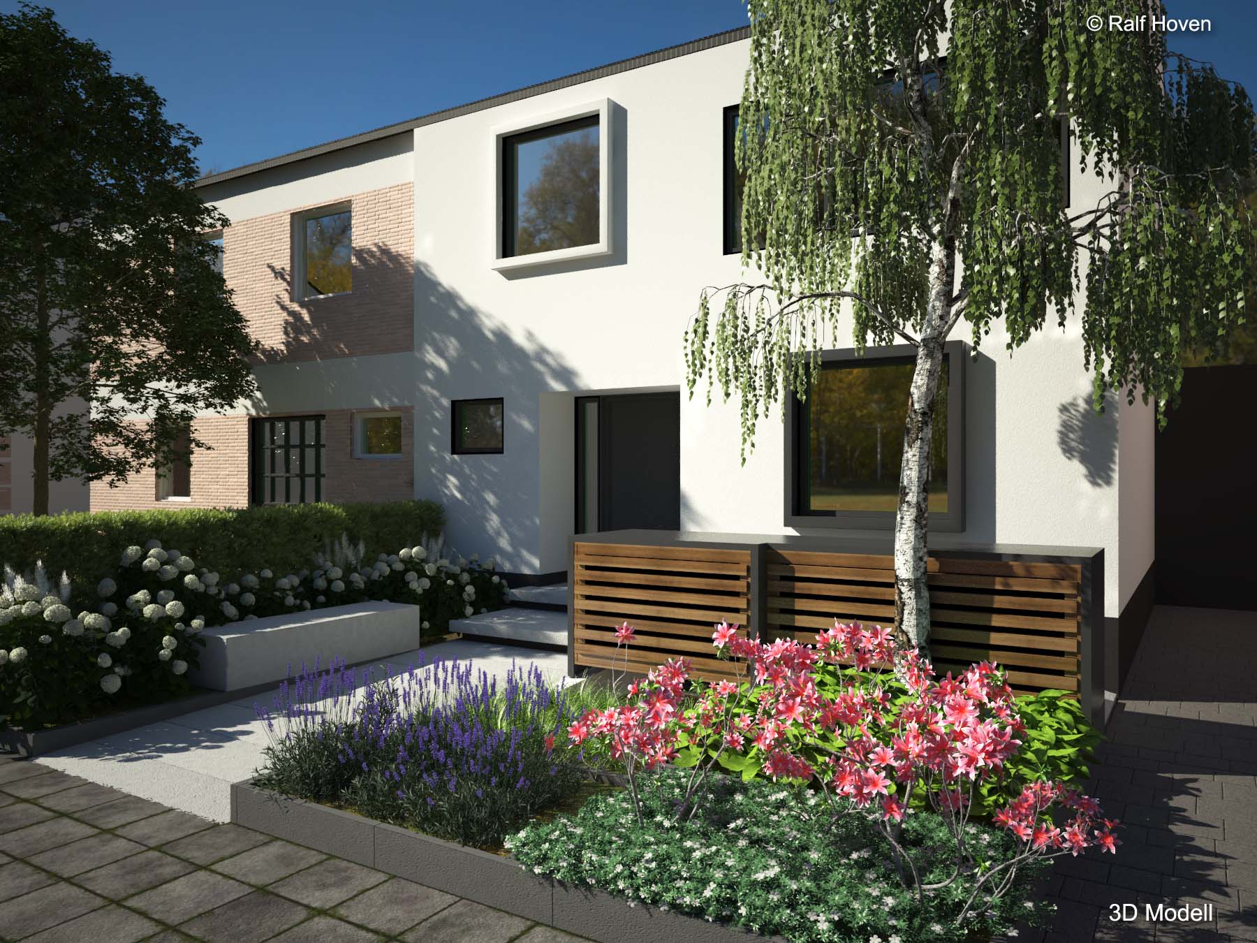 Gartenplanung 3D, Pulheim, Eingangsbereich, Stufen, Hochbeete, modern