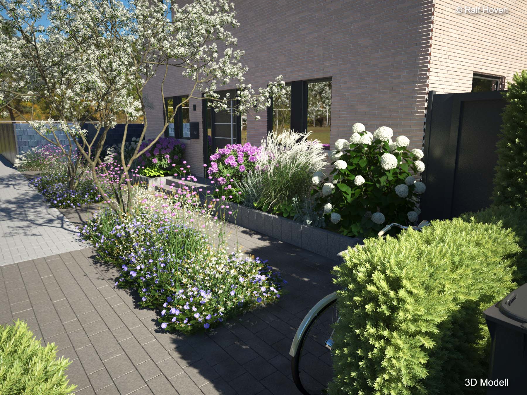 Gartenplanung 3D, Pulheim, Eingangsbereich, Stufen, Hochbeete, modern