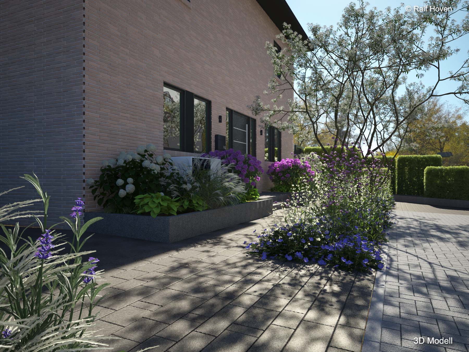 Gartenplanung 3D, Pulheim, Eingangsbereich, Stufen, Hochbeete, modern