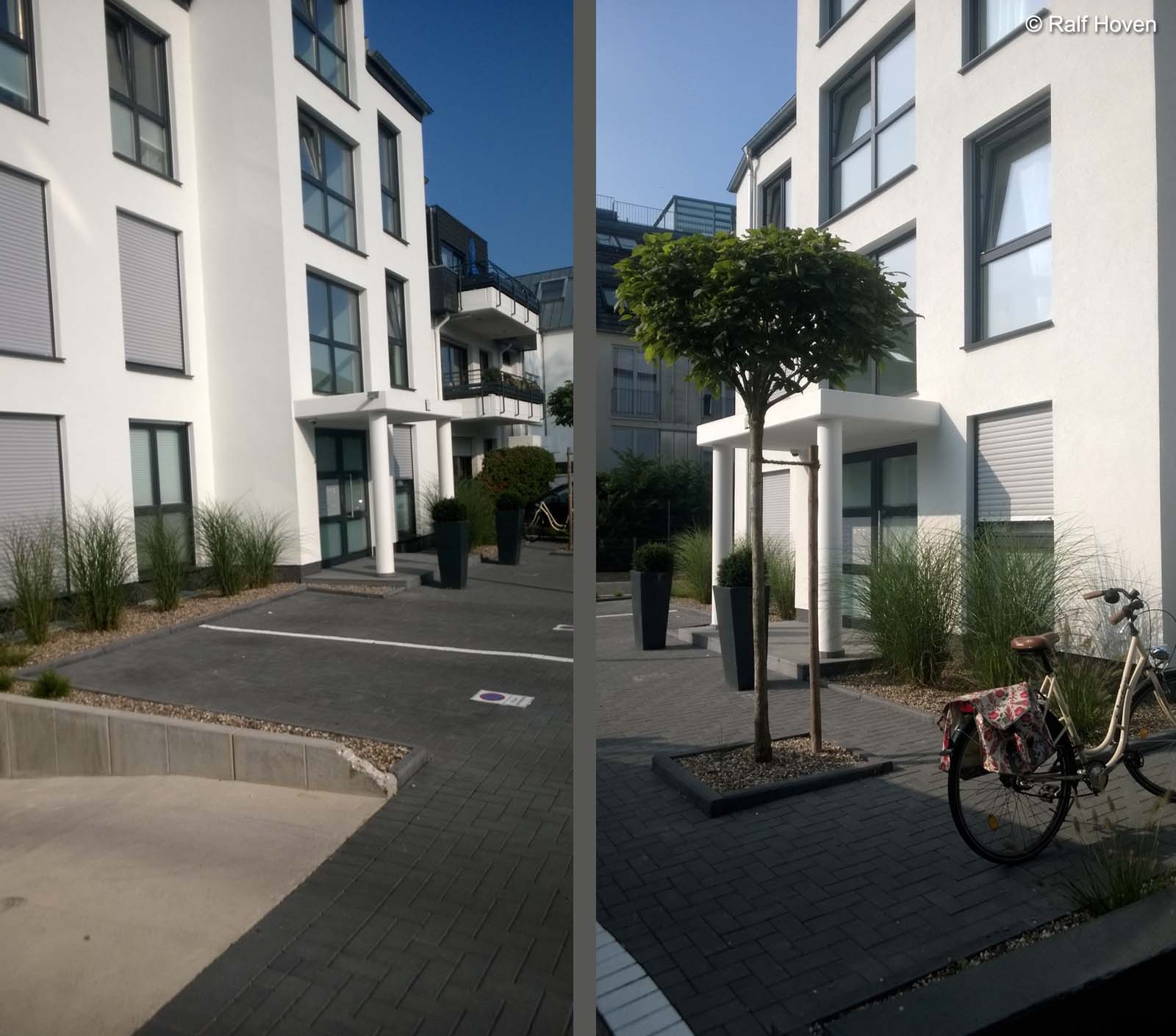 Aussenanlagen K&ouml;ln Mehrfamilienhaus Kiesgarten Betonpflaster Terrassenplatten