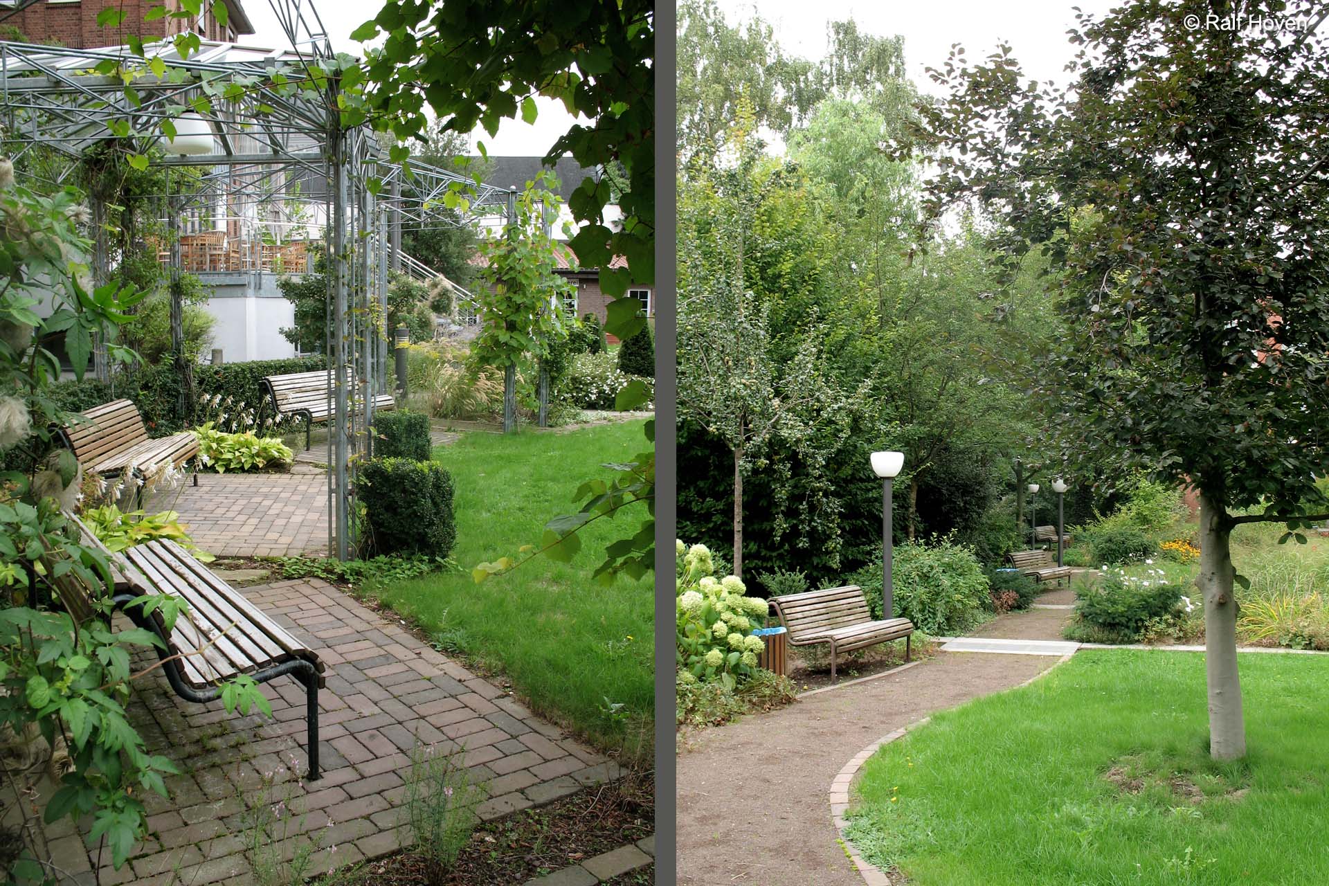 Aussenanlagen Br&uuml;hl Au&szlig;enraum Aufenthaltsqualit&auml;t Staudenpflanzung Wege Klinker Wasserlauf