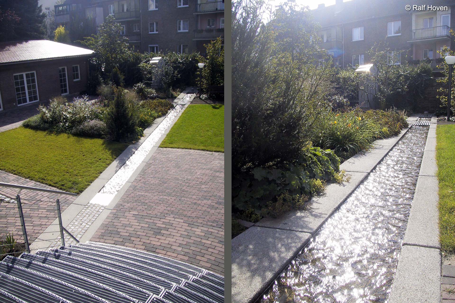 Aussenanlagen Br&uuml;hl Au&szlig;enraum Aufenthaltsqualit&auml;t Staudenpflanzung Wege Klinker Wasserlauf