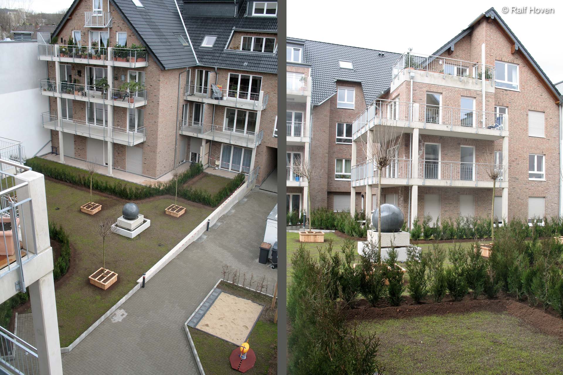 Aussenanlagen Br&uuml;hl Au&szlig;enraum Aufenthaltsqualit&auml;t Staudenpflanzung Wege Klinker Wasserlauf
