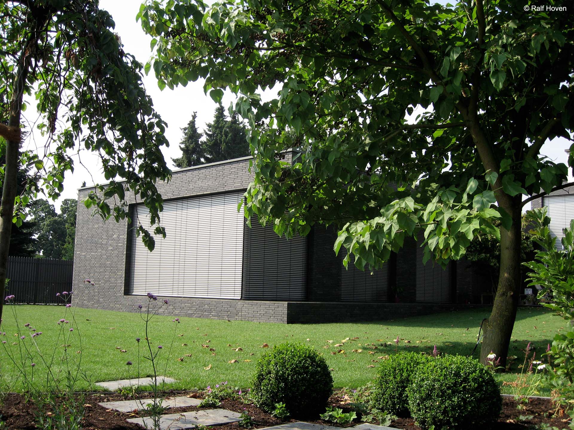 Gartengestaltung Pulheim Brauweiler gro&szlig;z&uuml;gig, modern, Buxkugeln, Schirmform, Felsenbirne, Kunstrasen