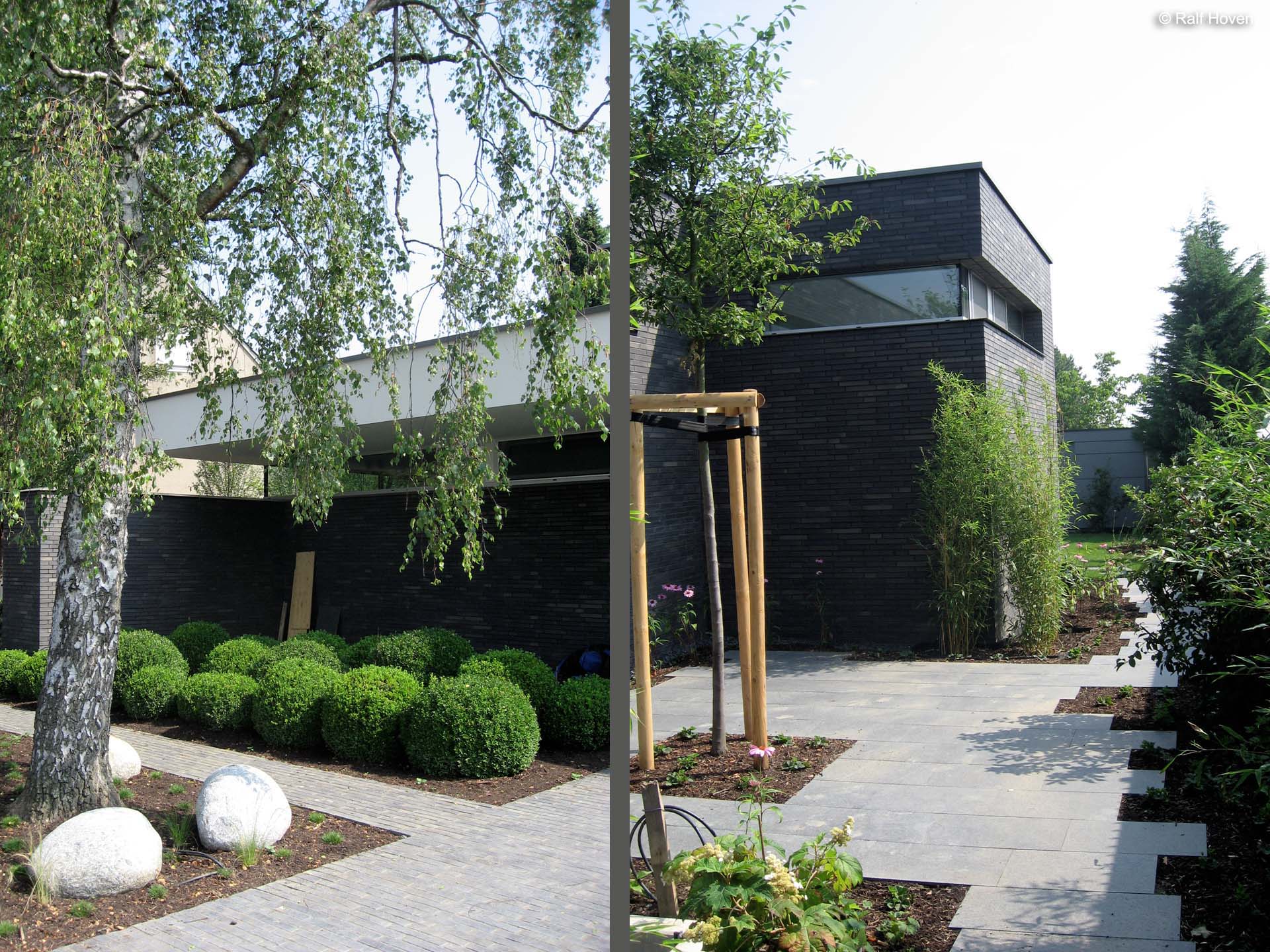 Gartengestaltung Pulheim Brauweiler gro&szlig;z&uuml;gig, modern, Buxkugeln, Schirmform, Felsenbirne, Kunstrasen