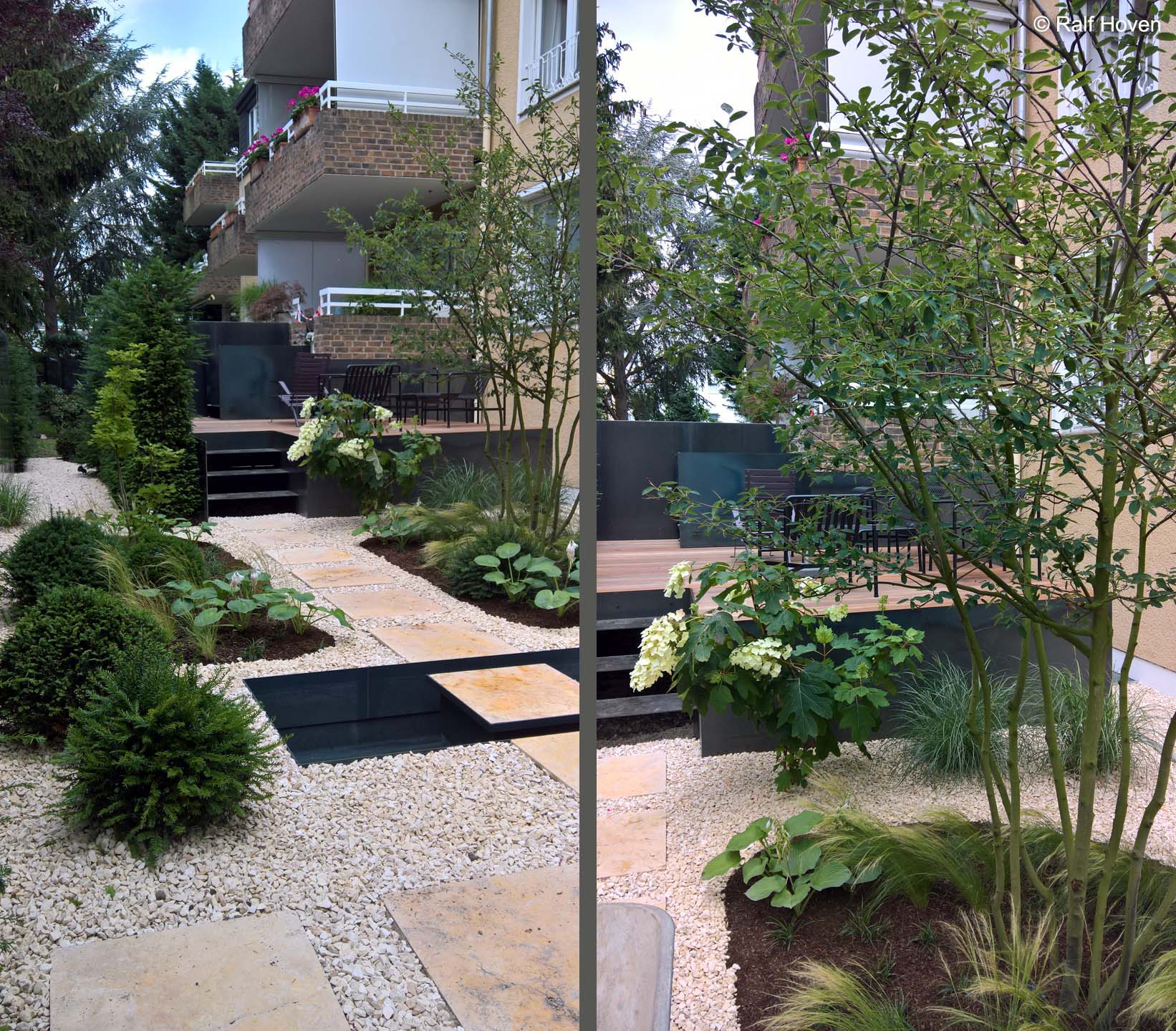 Gartengestaltung K&ouml;ln-Lindenthal, Gr&auml;serbeete, Wasserbecken, Naturstein, Heckenelemente