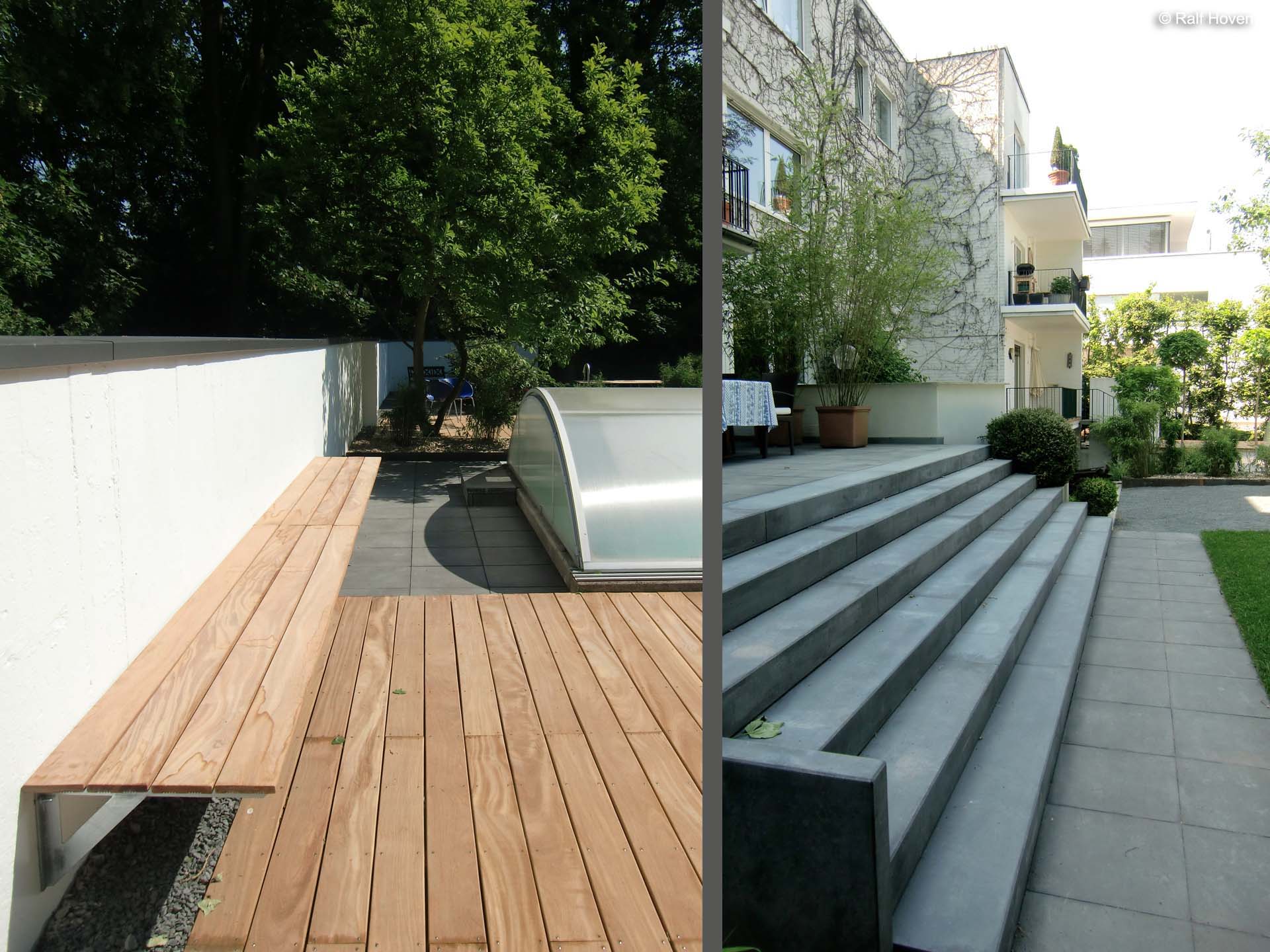 Gartengestaltung K&ouml;ln-M&uuml;ngersdorf, Beete, Wasserbecken, modern, Holzdeck